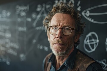 Poster - a man with glasses stands in front of a chalkboard, presenting or teaching, a middle-aged man with g