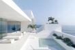 A white house with a pool overlooking the ocean on a sunny day, A minimalist, all-white beach house with a rooftop terrace