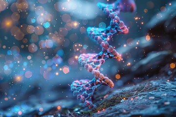 Poster - This image showcases a DNA molecule with sparkles reflecting light, with a blue bokeh background Symbolic of discovery and scientific advancement
