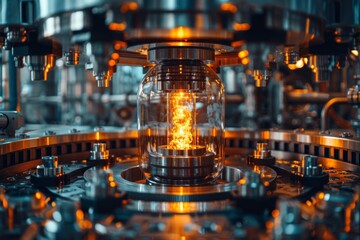 Poster - This detailed image shows a high-tech energy core illuminating brightly within a futuristic industrial machine setup