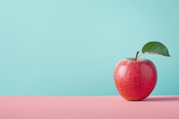 Sticker - A vibrant red apple with a green leaf placed on a soft pink surface, A minimalist artwork featuring a single apple, a classic symbol of appreciation for teachers