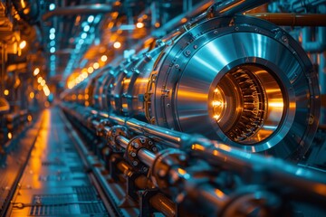 Poster - The image captures the essence of modern industry with a sleek, intricate high-tech machine stretching along a corridor