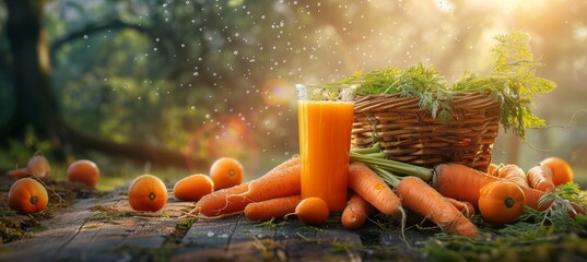 Wall Mural - Freshly picked carrots in basket with juicer  ready for nutrient rich transformation