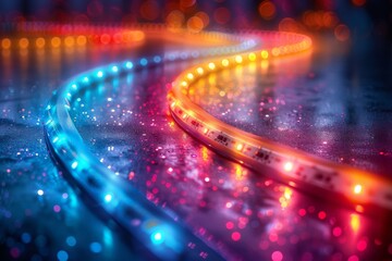 Poster - An artistic image featuring an LED light strip bending with a colorful bokeh background, symbolizing energy and vibrancy