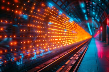 Poster - a perspective view of a subway tunnel, lit up with dynamic led lights creating a sense of motion and