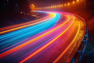 Poster - The long exposure captures the vivid streaks of traffic lights as they paint the night with color along the winding road lined with streetlamps