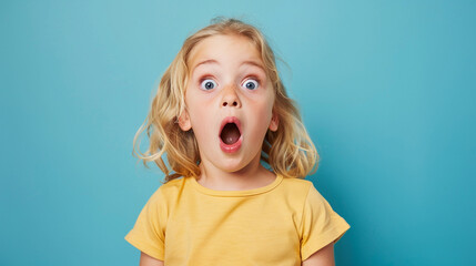 Wall Mural - photo of a surprised blond child in full growth on a plain blue background, hypertrophied emotions