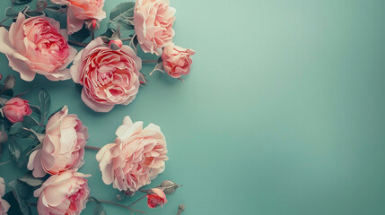 Sticker - photo of light mint green background with some pink English roses on top side, ultra details