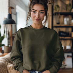 Wall Mural - sweatshirt mockup, gildan 18000, military green color, woman, angle from neck to waist, cozy background