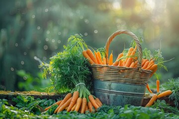 Wall Mural - Freshly picked vibrant orange carrots in basket, ready for juicing under sunlight