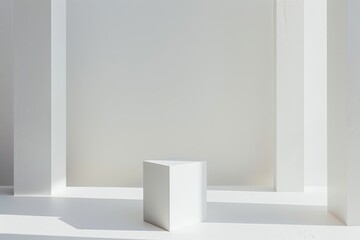 Poster - A white square is positioned in the center of a room, creating a minimalist geometric display, A minimalist geometric design against a pure white backdrop