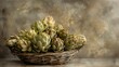 Artichokes artistically arranged in a rustic basket on a textured background.