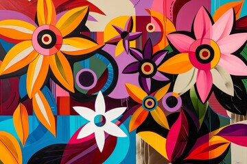 Canvas Print - A painting featuring vibrant and bold colorful flowers on a wall, A modern abstract composition of bold, geometric floral shapes