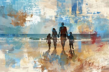 Canvas Print - A painting depicting a family strolling along the shoreline at the beach, A modern abstract interpretation of a family enjoying a day at the beach