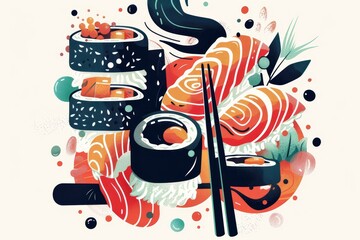 Wall Mural - Modern poster featuring sushi and chopsticks, A modern and abstract representation of sushi ingredients, such as seaweed, rice, and soy sauce