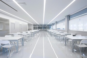 Poster - A modern classroom with white tables and chairs arranged neatly in rows, A modern school setting with sleek white furniture and decor