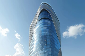 Poster - A very tall, modern skyscraper featuring a unique shape and numerous glass windows, A modern skyscraper with a unique shape and glass facade