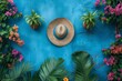Straw hat centered on a vibrant blue wall