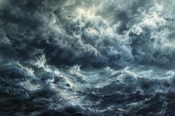 Wall Mural - A painting capturing the intensity of a storm raging over the turbulent ocean, A moody depiction of storm clouds gathering over turbulent waters, hinting at an impending tempest