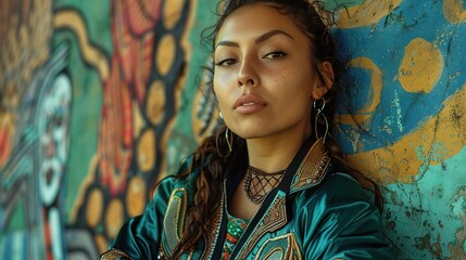 long shot mexican young woman green elite track suit with design inspired in eagle aztec princess many elements, in the style of master of ink, Generative Ai 