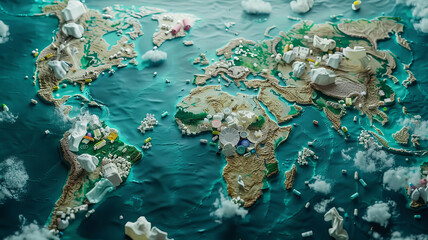 Wall Mural - Map continents earth are made up of garbage, surrounded by ocean water. Concept environmental pollution with plastic and human waste