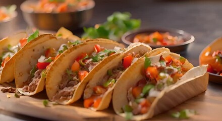 Wall Mural - Mexican tacos with beef vegetables salsa on a wooden board. Concept Mexican Cuisine, Tacos, Beef, Vegetables, Salsa, Wooden Board