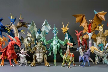 Poster - Collection of origami dragon figurines neatly arranged in a row, A multitude of origami characters, each one a work of art in its own right