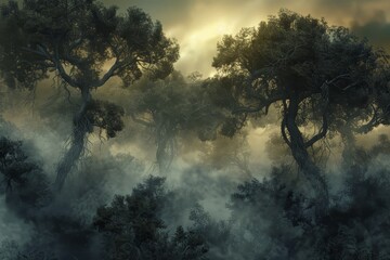 Poster - A thick fog covers a forest filled with numerous trees, creating a mystical and eerie atmosphere, A mystical fog enveloping a mystical forest, with ancient trees cloaked in mist