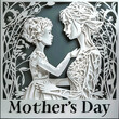 Papercut illustration of a loving Scandinavian mother holding her child. 