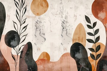 Wall Mural - Painting featuring trees, rocks on wall, nature-inspired design with organic shapes, A nature-inspired design with organic shapes and earthy tones