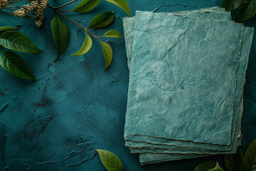 Fototapete - Greeting cards made from recycled paper, with a gentle green gradient and eco-themed artwork,