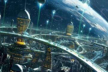 Poster - A futuristic city with glowing buildings and hovering vehicles, illuminated by artificial lights in the middle of the night, A network of space colonies connected by electromagnetic rails
