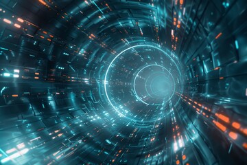Poster - a futuristic tunnel with bright lights and lines, showcasing a modern underground network, a network