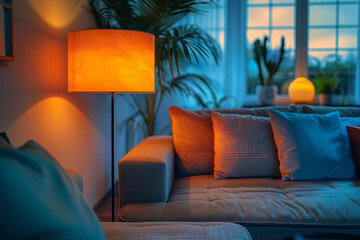 Leinwandbilder - Interior design of a cozy living room, featuring a wall gradient from beige to dark brown, creating a warm and inviting space,