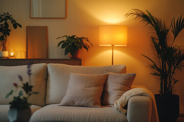 Fototapete - Interior design of a cozy living room, featuring a wall gradient from beige to dark brown, creating a warm and inviting space,