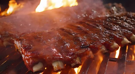 Wall Mural - Closeup of sizzling pork ribs on a flaming grill. Concept Food Photography, BBQ Grilling, Flaming Grill, Meat Closeup, Delicious Ribs