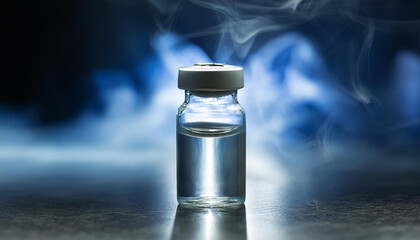 Glass vial with liquid drug. Vaccination concept. Vaccine for virus infection. Blue tones.