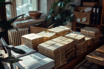Poster - Numerous papers arranged in stacks on a table in a room, A package containing multiple tests for repeated accuracy