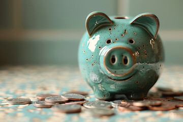 Poster - Pale green piggy bank overflowing with shiny coins, symbolizing initial savings,