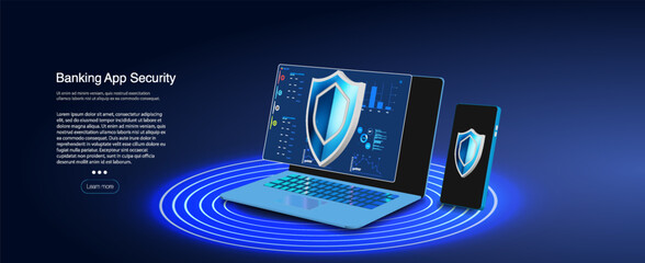 Poster - Cybersecurity and Data Protection Concept: Shield, Laptop, and Smartphones with Digital Data Streams	