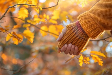 Canvas Print - A persons hands gripping a tree trunk with yellow leaves in a forest setting, A pair of hands intertwined, showcasing beautiful autumn foliage in the background