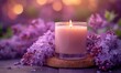 Burning candle among lilac flowers, front view.