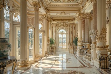 Wall Mural - A grand room featuring numerous windows and a luxurious marble floor, A palatial estate with marble columns and intricate woodwork