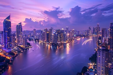 Wall Mural - Overlooking a vibrant cityscape at night from a high vantage point, A panoramic view of a bustling city skyline at dusk, with twinkling lights reflecting on the river below