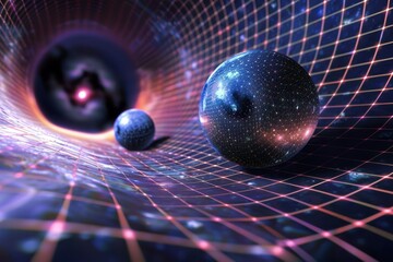 A depiction of a black hole and two blue balls in a digital simulation, A parallel universe where different physical laws apply