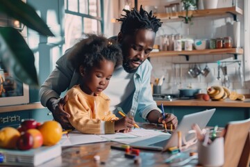 Poster - a man and a little girl are focused on a laptop screen, working together on a project, a parent help