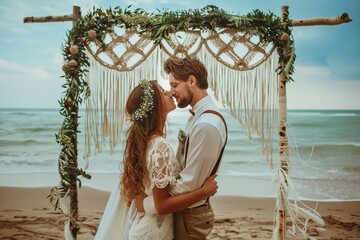 Wall Mural - Bride and Groom Kissing on the Beach