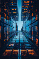 Poster - Architectural concept art where buildings are designed to look like arrows pointing upwards, symbolizing a growing city,