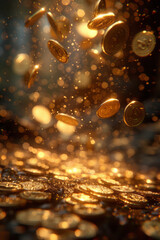 Poster - Animation of gold coins continuously falling into a growing pile, symbolizing ongoing wealth,