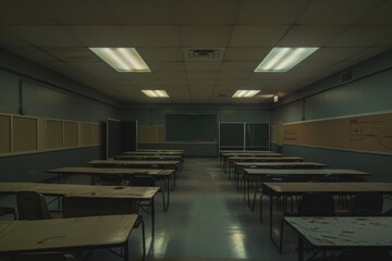 Poster - An empty classroom with desks arranged neatly in rows and a chalkboard at the front, A peaceful classroom with no one around, only the hum of the lights